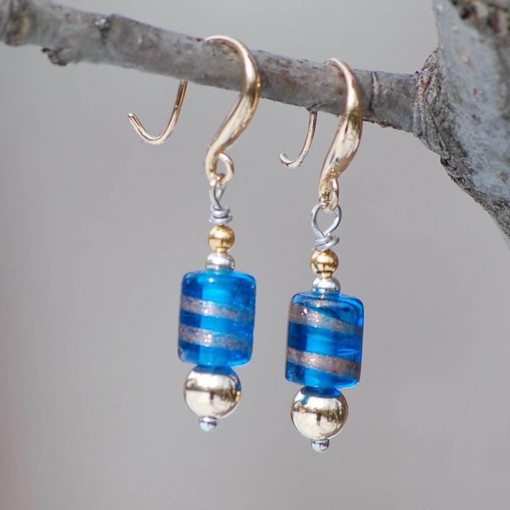 Blue Glass Tube Gold and Silver earrings
